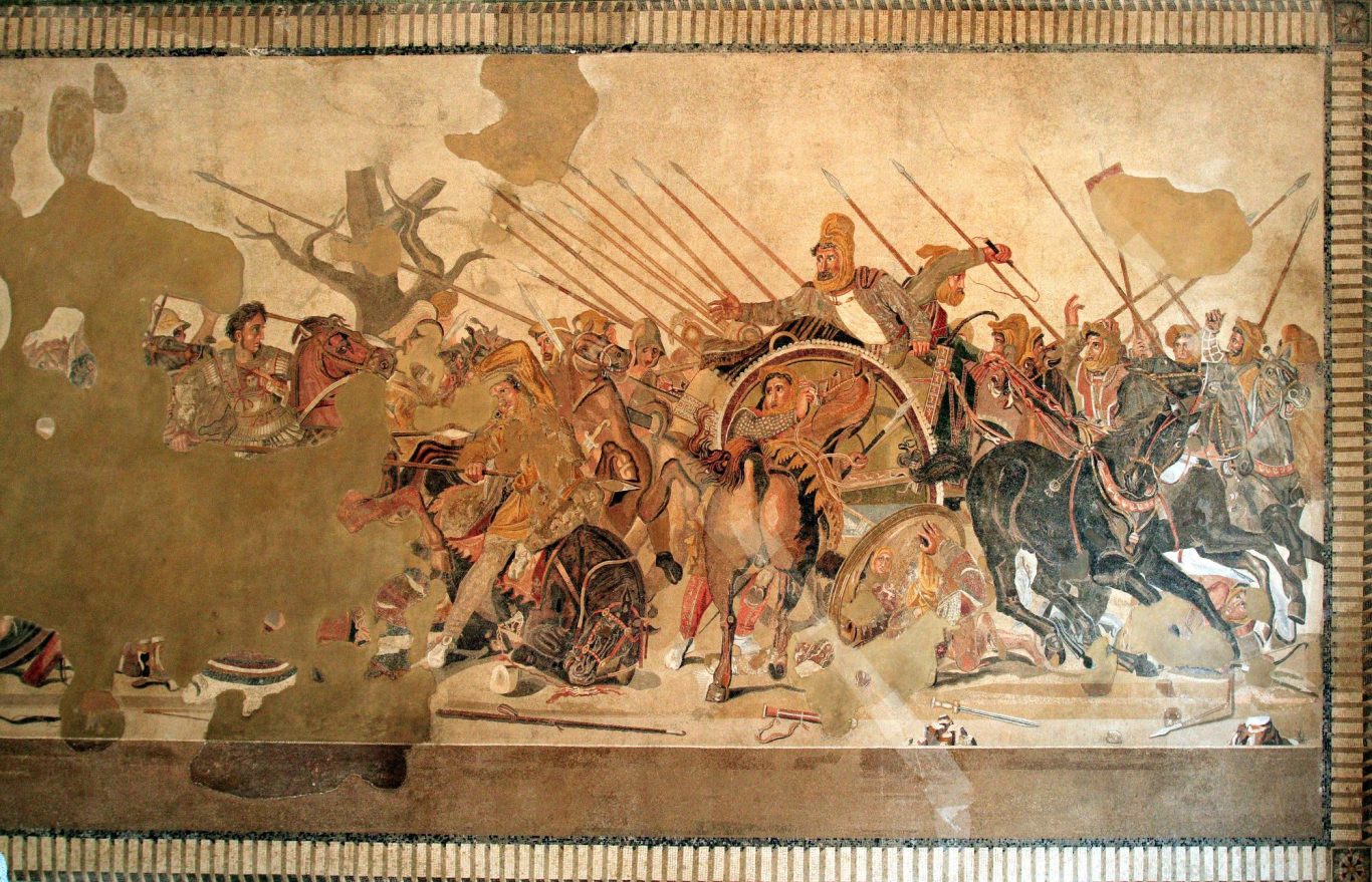 Alexandermosaik (150 v.Chr.) - Schlacht bei Issos oder Gaugamela: Alexander (links) stürmt ins Perserheer. Dareios III. (rechts) beginnt zu fliehen.